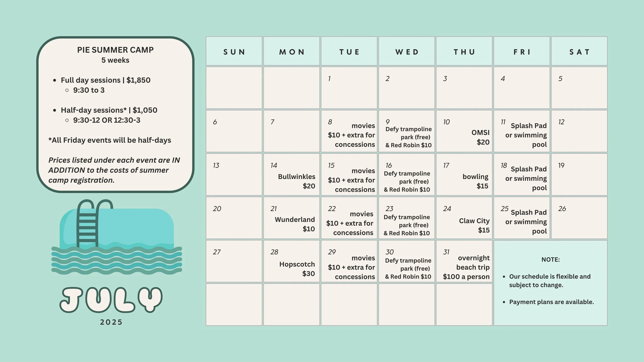 July 2025 Summer Camp Calendar